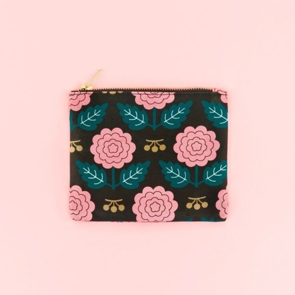 Anthropologie-Black and Pink Floral Cotton Pouch